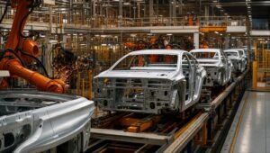 Carrocerías de autos avanzando por la línea de producción en una planta de ensamble