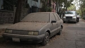 Auto abandonado y cubierto de polvo en una calle de la Ciudad de México, con una grúa acercándose al fondo