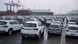 Filas de autos nuevos importados en un patio portuario con grúas y buque de carga al fondo