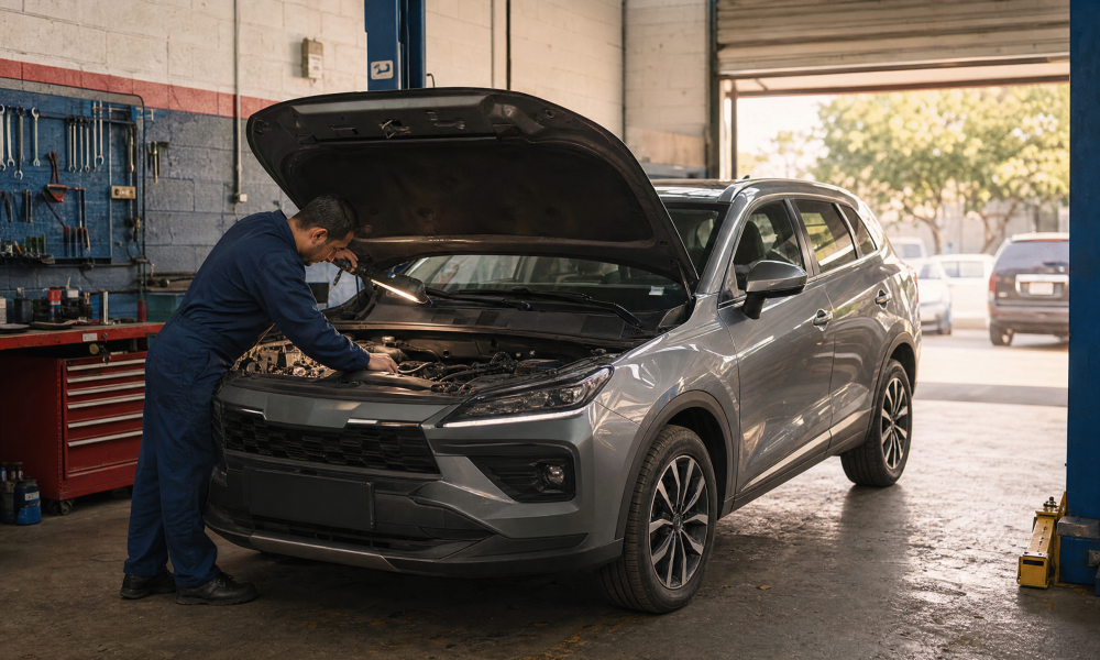 SUV de marca china siendo revisado en un taller mecánico independiente