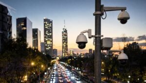 Poste con cámaras de videovigilancia del C5 vigilando el tráfico de una avenida en la Ciudad de México al atardecer
