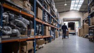 Almacén de refacciones automotrices con estantes llenos de autopartes y una camioneta de reparto cargando al fondo