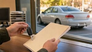 Manos entregando las llaves de un auto y un folder de documentos en un mostrador de oficina, con un sedán estacionado al fondo