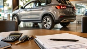 Contrato de financiamiento, calculadora y llaves sobre un escritorio en una agencia con un auto nuevo al fondo