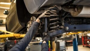 Mecánico con guantes revisa el amortiguador y resorte trasero de una camioneta elevada en un taller