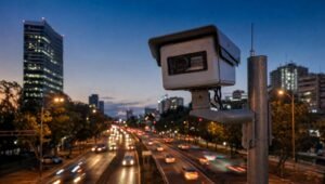 Cámara de fotomultas instalada en un poste sobre una avenida de la Ciudad de México al anochecer