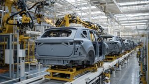 Carrocerías de SUV en una línea de ensamble automotriz con brazos robóticos