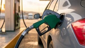 Manguera verde de gasolina cargando combustible en un auto gris al atardecer en una gasolinera