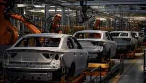 Línea de producción de una planta armadora de autos detenida, con vehículos a medio ensamblar