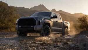 Pickup híbrida gris cruzando un vado de agua entre montañas al atardecer