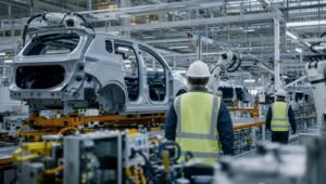 Carrocería de una SUV eléctrica en la línea de ensamble de una planta automotriz en México