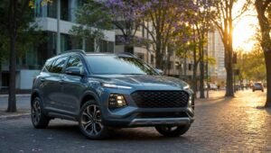 SUV compacta estacionada en una avenida arbolada de México al atardecer