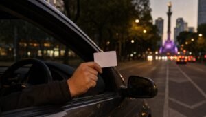 Mano de un conductor sosteniendo una tarjeta de licencia desde la ventanilla de su auto en una avenida de la Ciudad de Mexico al anochecer