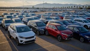 Filas de autos y SUVs nuevos estacionados en un lote de distribución en México