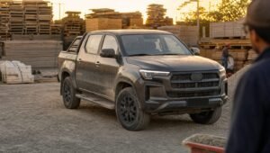 Camioneta pickup diesel estacionada en un patio de materiales al atardecer