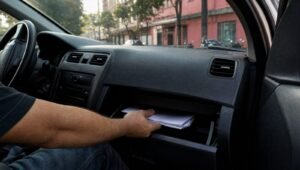 Conductor sacando los documentos del seguro de la guantera de su auto en una calle de la Ciudad de México