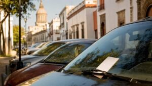 Fila de autos estacionados en una calle del centro de Guadalajara con una notificacion de multa bajo el limpiaparabrisas