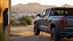 Pickup híbrida enchufable gris conectada a un cargador eléctrico con paisaje mexicano de fondo