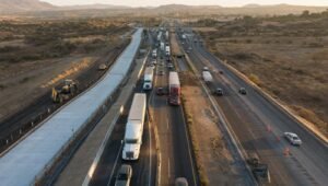 Vista aérea de la autopista México-Querétaro con tráfico pesado, conos naranjas y una calle lateral de concreto en construcción