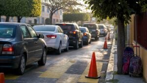 Fila de autos frente a una escuela con conos naranjas y cruce peatonal durante el regreso a clases