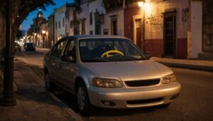 Auto estacionado de noche en una calle de Mexico con candado antirrobo en el volante