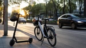 Scooter eléctrico con casco en el manubrio y bicicleta eléctrica estacionados junto a una avenida transitada de la CDMX al atardecer