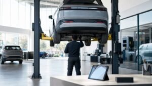 Técnico revisando una SUV elevada en el taller de servicio de una agencia automotriz en México