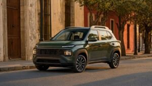 SUV subcompacta color verde olivo estacionada en una calle de ciudad al atardecer