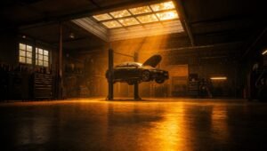 Taller mecánico moderno con un auto en elevador iluminado por luz natural — encuentra un buen taller cerca de ti en BuenTaller