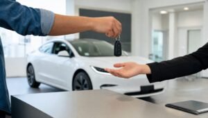 Persona entrega las llaves de su auto usado sobre un mostrador de agencia, con un sedán eléctrico blanco al fondo