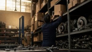 Mecánico tomando una caja de refacciones en el almacén de un taller independiente en México