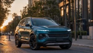 Camioneta SUV subcompacta estacionada en una calle urbana al atardecer