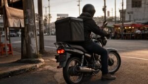 Repartidor en moto con caja de reparto detenido en una esquina de la ciudad al amanecer