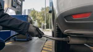 Técnico insertando la sonda de emisiones en el escape de un auto durante la verificación vehicular